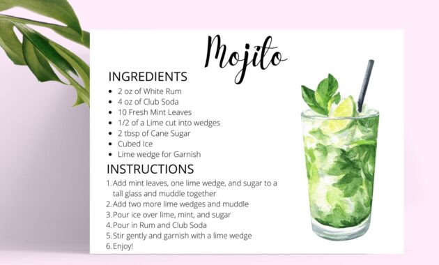 Mojito DIGITAL DOWNLOAD Cocktail Recipe Card, Cocktail Recipe, Cocktail