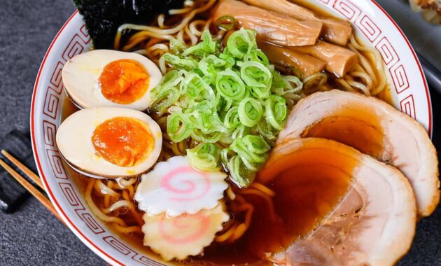 Homemade shoyu ramen noodles (soy sauce flavored chuka soba) sudachi