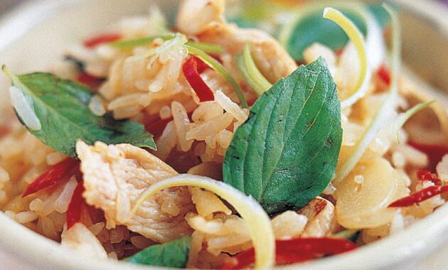A Thai inspired dish from Ken Hom. Known as khao phad gai horapa, this