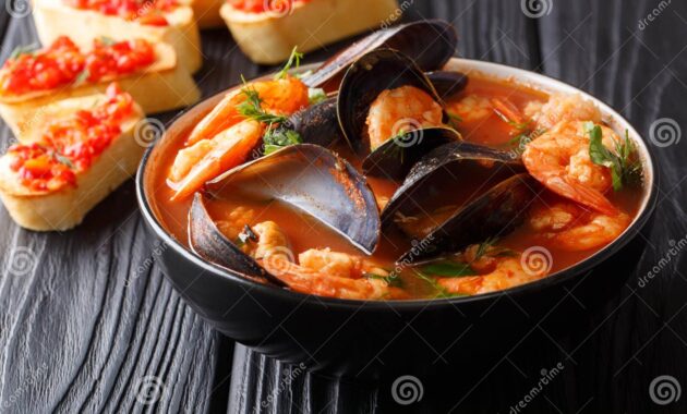 Traditional Recipe for French Bouillabaisse Soup with Seafood an Stock